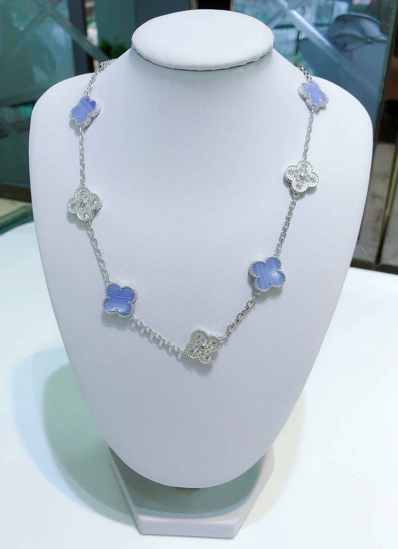 Loco CLOVER 10 MOTIFS CHALCEDONY DIAMONDS SILVER NECKLACE