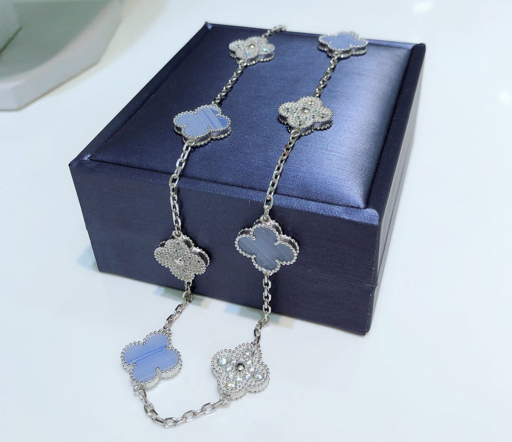 Loco CLOVER 10 MOTIFS CHALCEDONY DIAMONDS SILVER NECKLACE