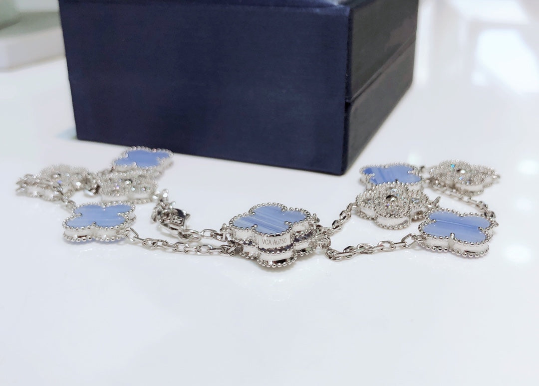 Loco CLOVER 10 MOTIFS CHALCEDONY DIAMONDS SILVER NECKLACE