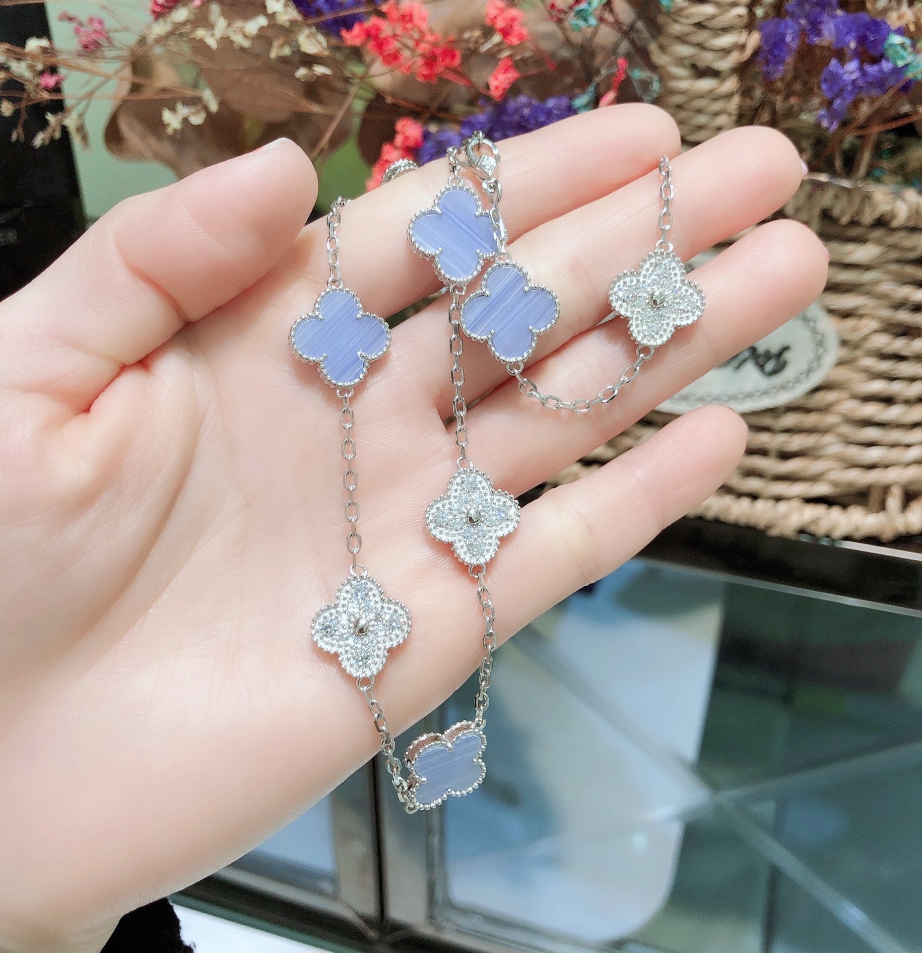 Loco CLOVER 10 MOTIFS CHALCEDONY DIAMONDS SILVER NECKLACE