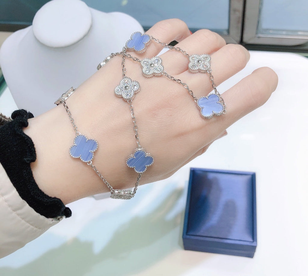 Loco CLOVER 10 MOTIFS CHALCEDONY DIAMONDS SILVER NECKLACE